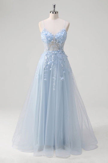 Blue A Line Spaghetti Straps Appliqued Corset Tulle Long Prom Dress